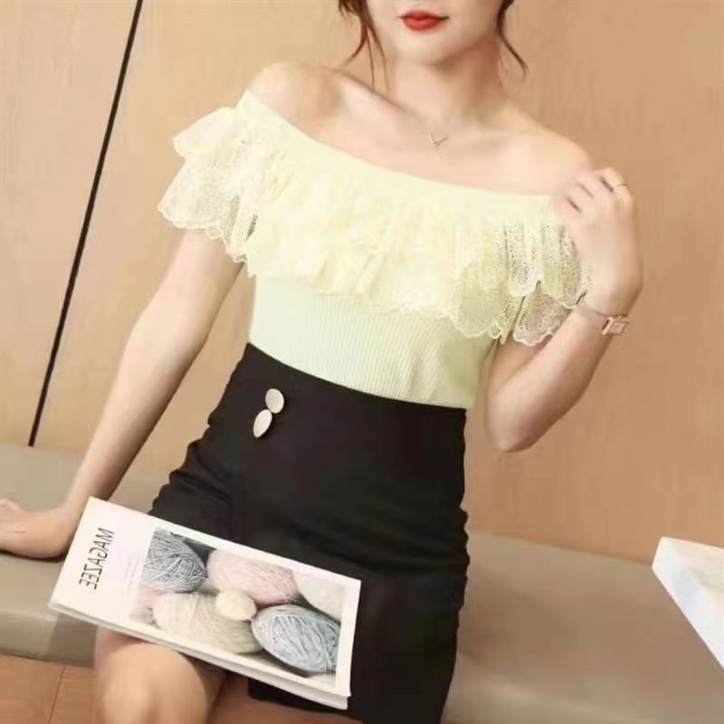 Lace Top Knit Off-Shoulder