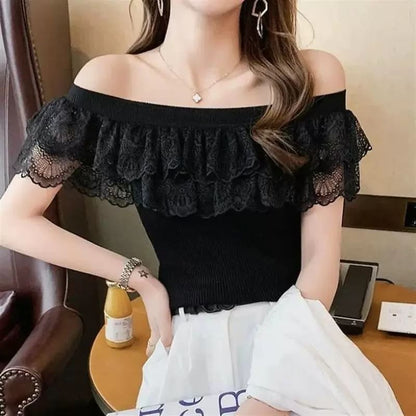 Lace Top Knit Off-Shoulder