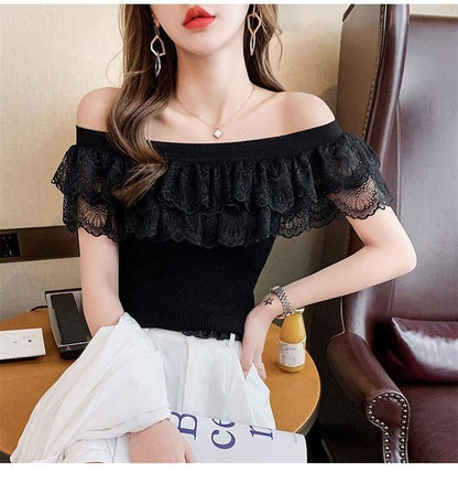 Lace Top Knit Off-Shoulder