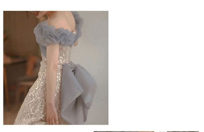 Off-Shoulder Two Tone Sequin Mermaid Evening Gown