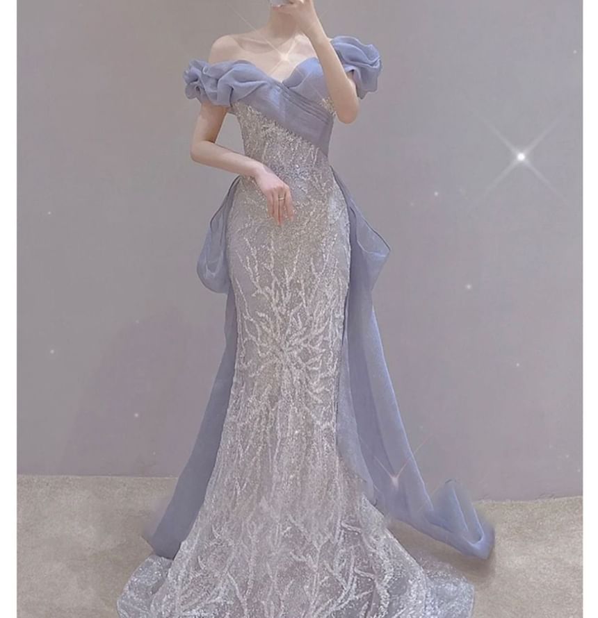 Off-Shoulder Two Tone Sequin Mermaid Evening Gown