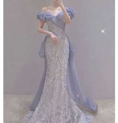 Off-Shoulder Two Tone Sequin Mermaid Evening Gown