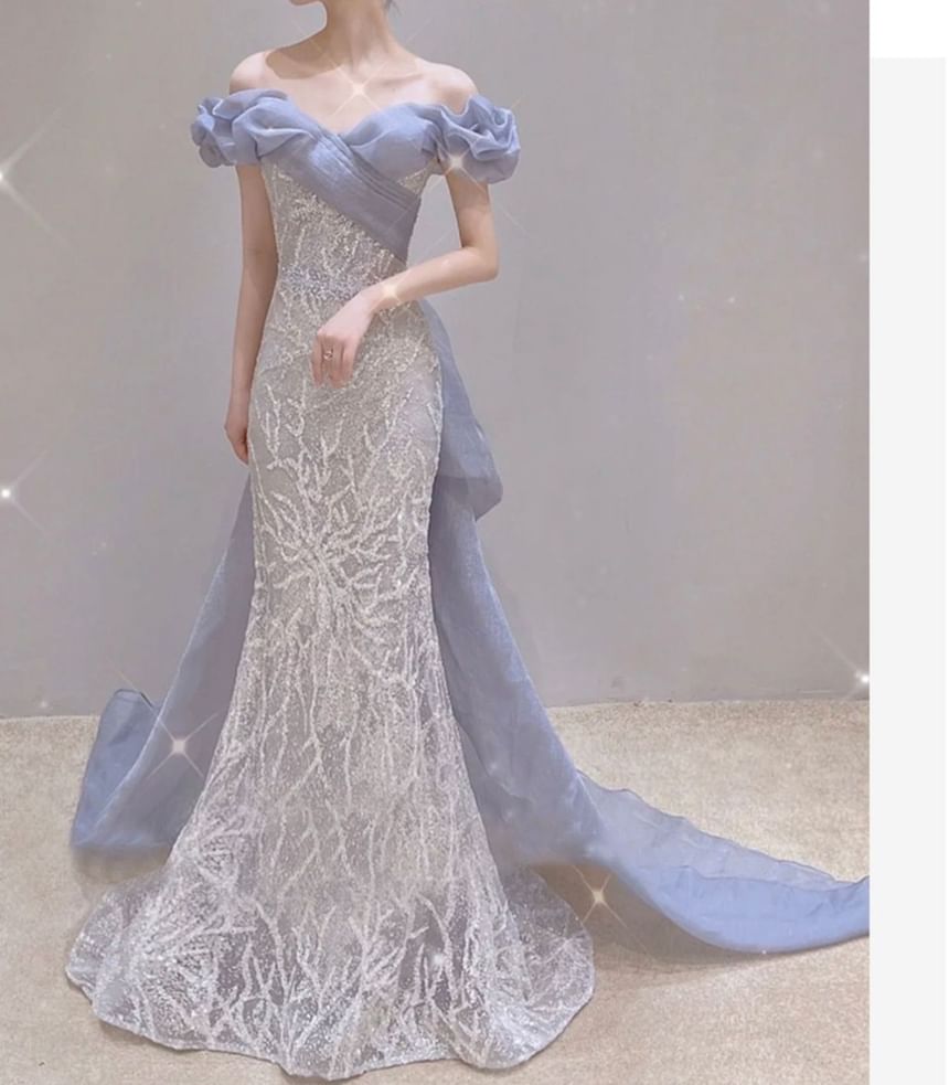Off-Shoulder Two Tone Sequin Mermaid Evening Gown
