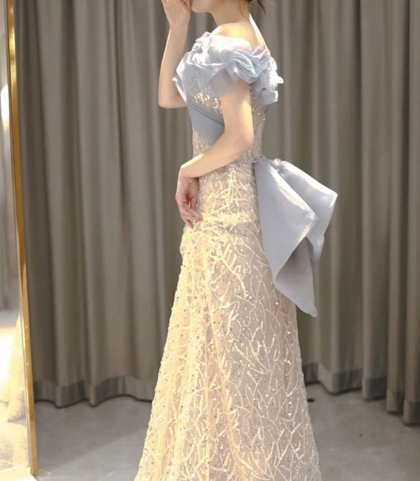 Off-Shoulder Two Tone Sequin Mermaid Evening Gown
