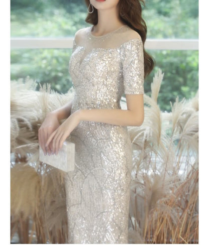Short-Sleeve Crew Neck Sequin Mermaid Evening Gown