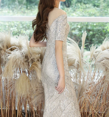 Short-Sleeve Crew Neck Sequin Mermaid Evening Gown