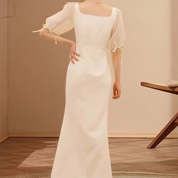 Short-Sleeve Square Neck Plain Maxi Sheath Wedding Dress