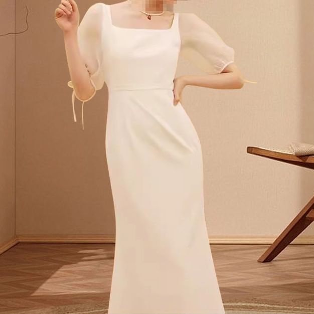 Short-Sleeve Square Neck Plain Maxi Sheath Wedding Dress