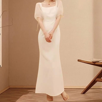 Short-Sleeve Square Neck Plain Maxi Sheath Wedding Dress