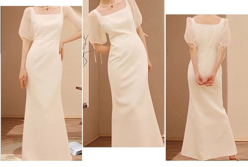 Short-Sleeve Square Neck Plain Maxi Sheath Wedding Dress
