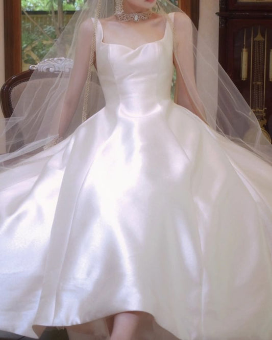 Sleeveless Plain Midi A-Line Wedding Dress