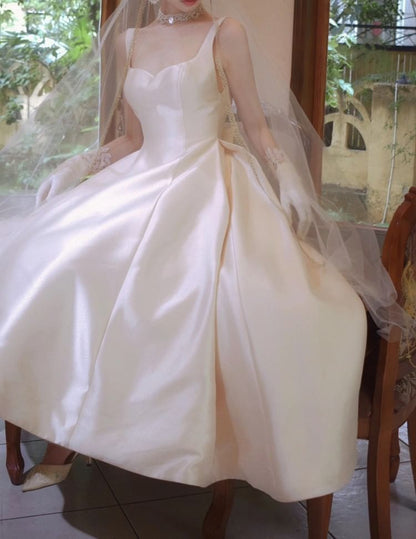Sleeveless Plain Midi A-Line Wedding Dress