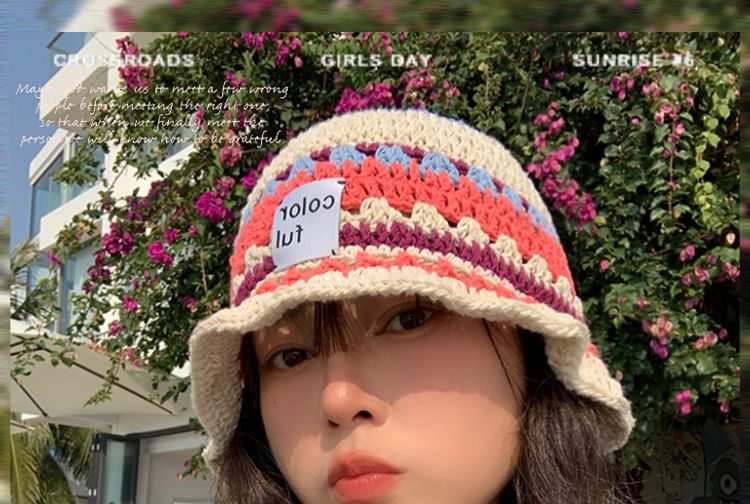 Lettering Applique Patterned Knit Bucket Hat