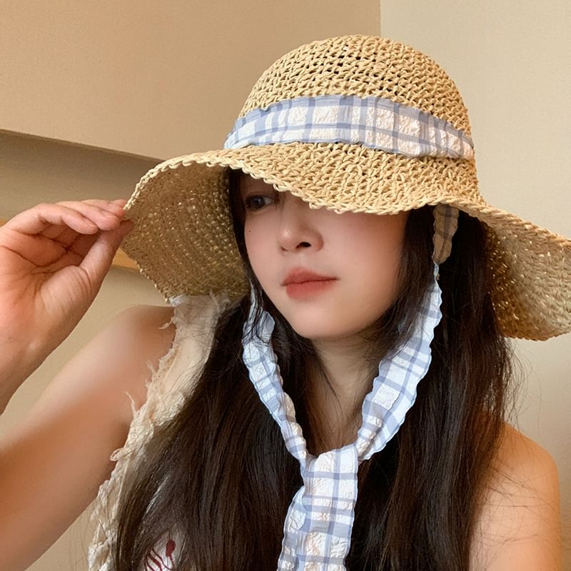 Plaid Striped Straw Sun Hat