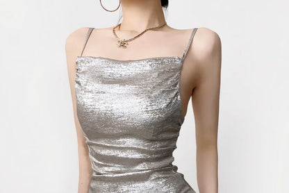 Thin Strap Glitter Ruched Mini Sheath Dress