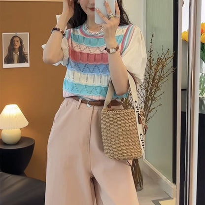 Mock Two-Piece Short-Sleeve Crewneck Striped Knit Top