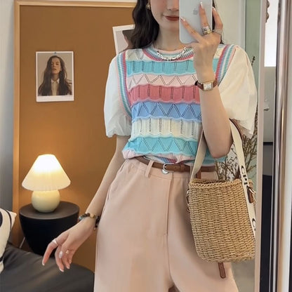 Mock Two-Piece Short-Sleeve Crewneck Striped Knit Top