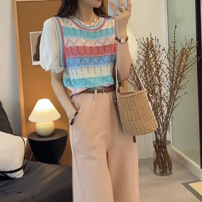 Mock Two-Piece Short-Sleeve Crewneck Striped Knit Top