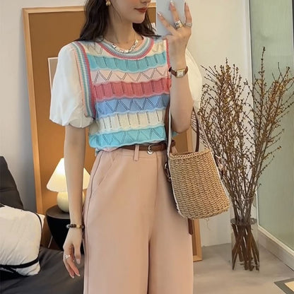 Mock Two-Piece Short-Sleeve Crewneck Striped Knit Top