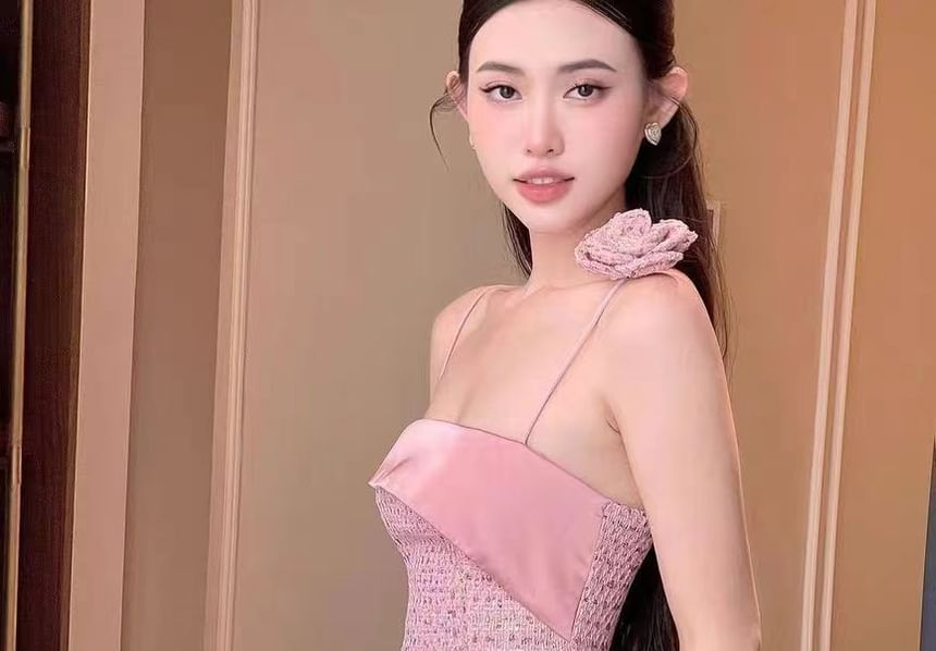 Thin Strap Tweed A-Line Evening Gown