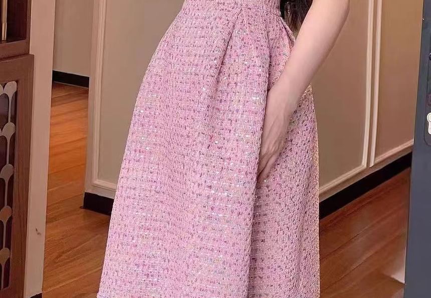 Thin Strap Tweed A-Line Evening Gown