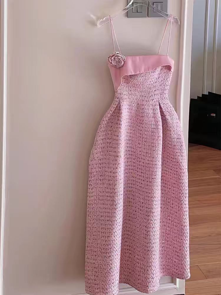 Thin Strap Tweed A-Line Evening Gown