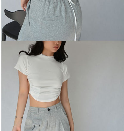 Plain Tee Back Cropped Short-Sleeve Open