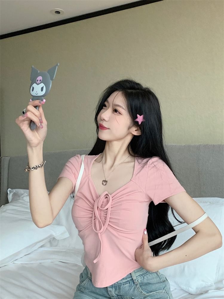 Short-Sleeve Plain Drawstring T-Shirt