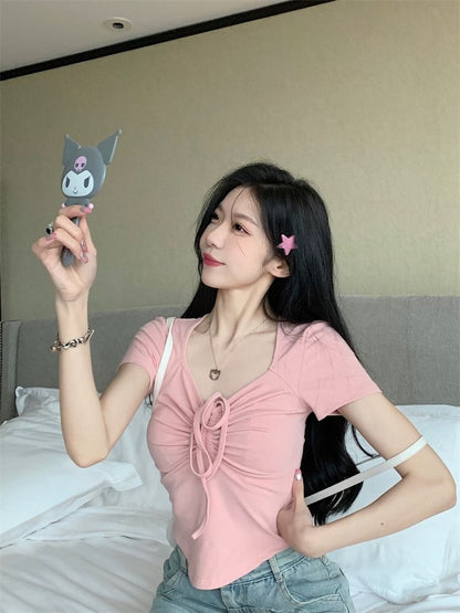 Short-Sleeve Plain Drawstring T-Shirt