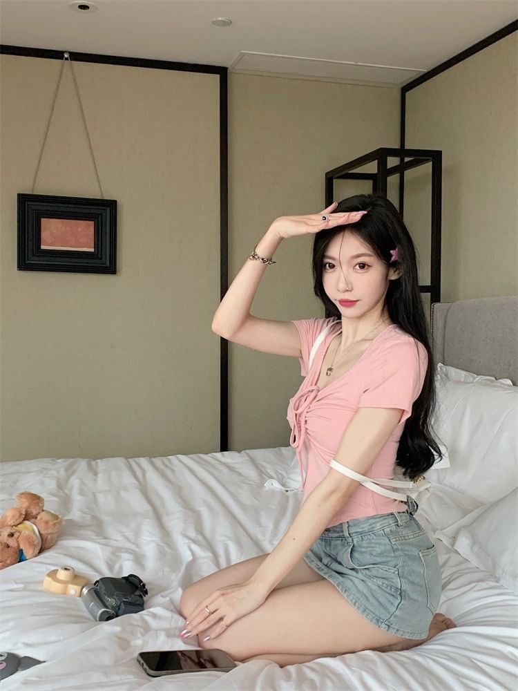 Short-Sleeve Plain Drawstring T-Shirt