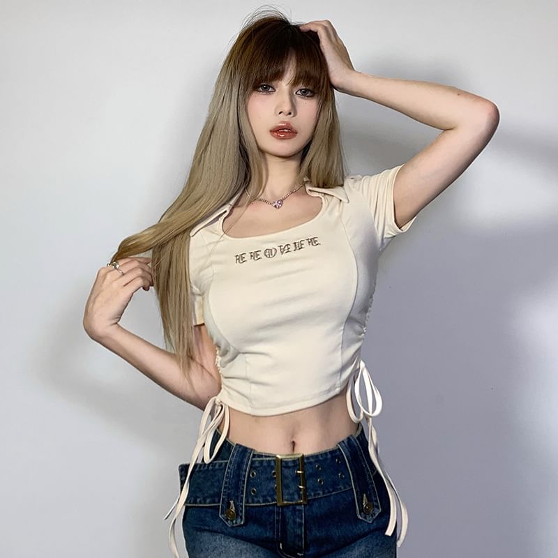 Short-Sleeve Letter Embroidered Drawstring Cropped T-Shirt