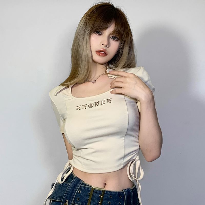 Short-Sleeve Letter Embroidered Drawstring Cropped T-Shirt
