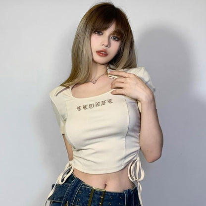Short-Sleeve Letter Embroidered Drawstring Cropped T-Shirt