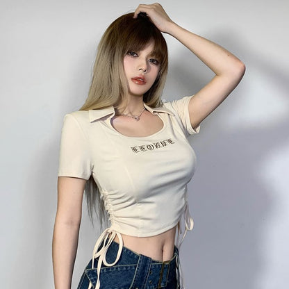 Short-Sleeve Letter Embroidered Drawstring Cropped T-Shirt