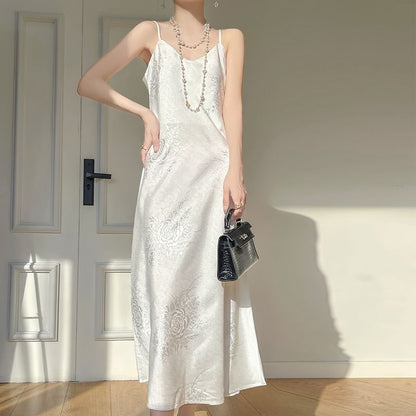 Thin Strap V-Neck Satin Maxi A-Line Dress
