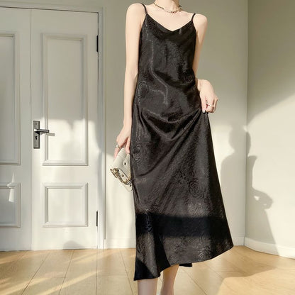 Thin Strap V-Neck Satin Maxi A-Line Dress