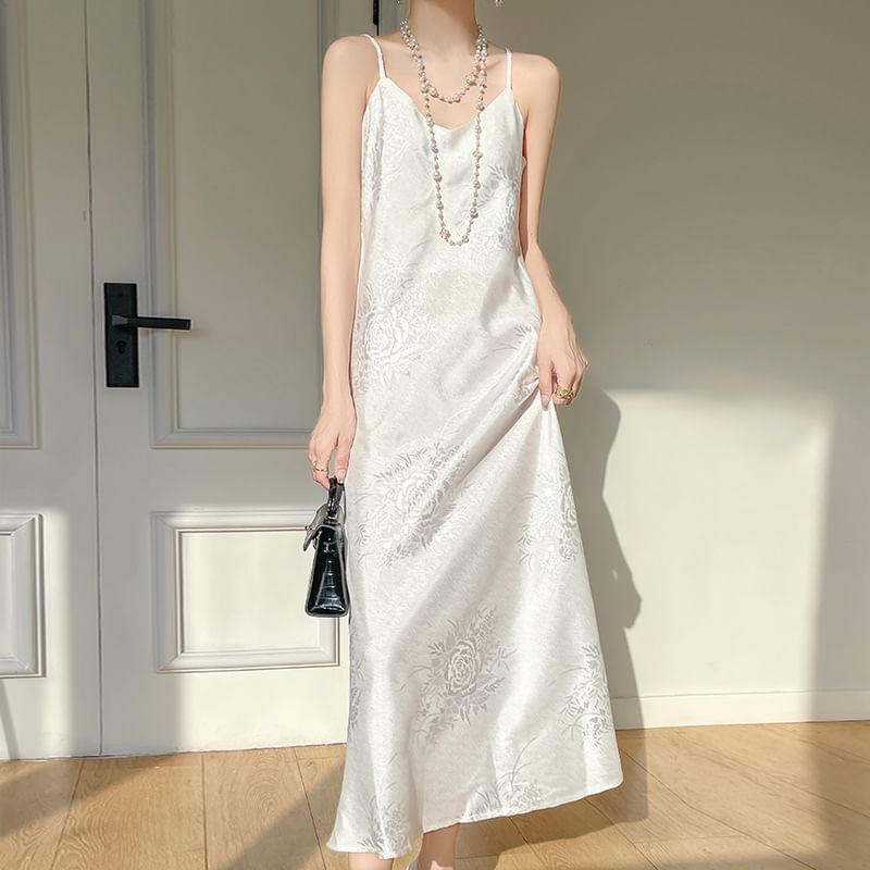 Thin Strap V-Neck Satin Maxi A-Line Dress