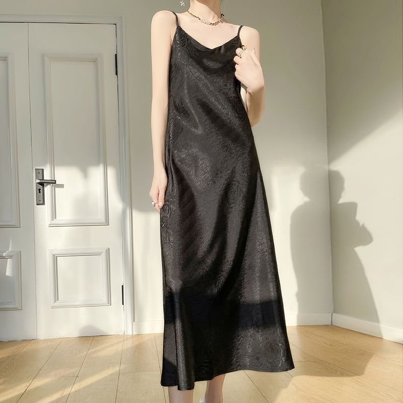 Thin Strap V-Neck Satin Maxi A-Line Dress