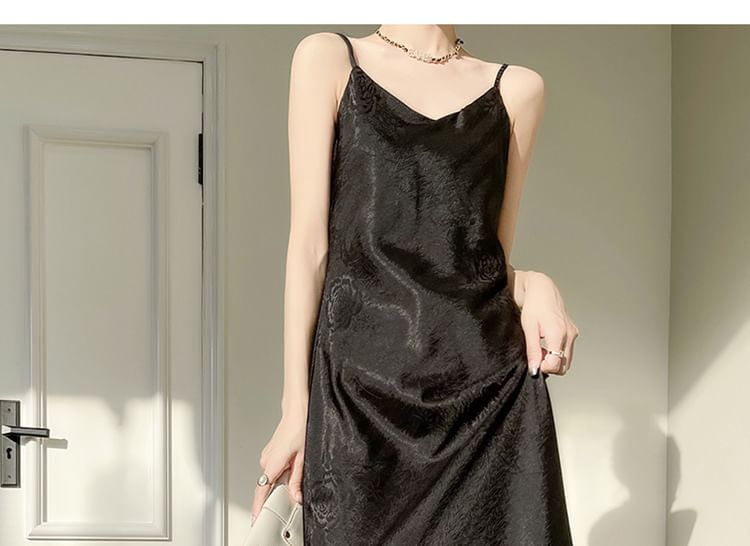 Thin Strap V-Neck Satin Maxi A-Line Dress