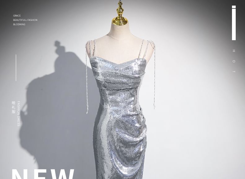 Gown Spaghetti Strap Evening Sequin Mermaid