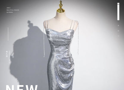 Gown Spaghetti Strap Evening Sequin Mermaid