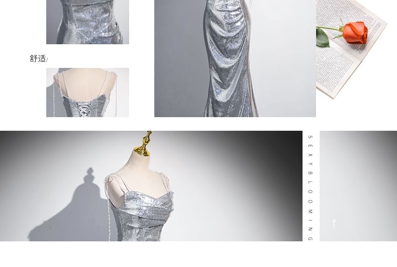 Gown Spaghetti Strap Evening Sequin Mermaid