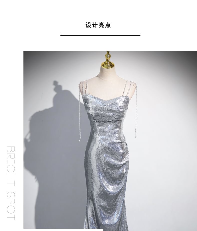 Gown Spaghetti Strap Evening Sequin Mermaid