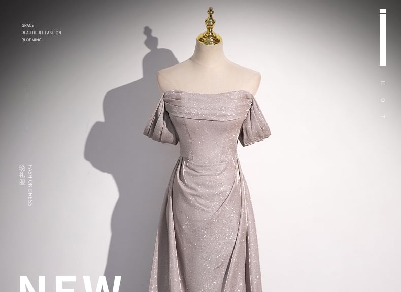 Glitter Off-Shoulder A-Line Evening Gown