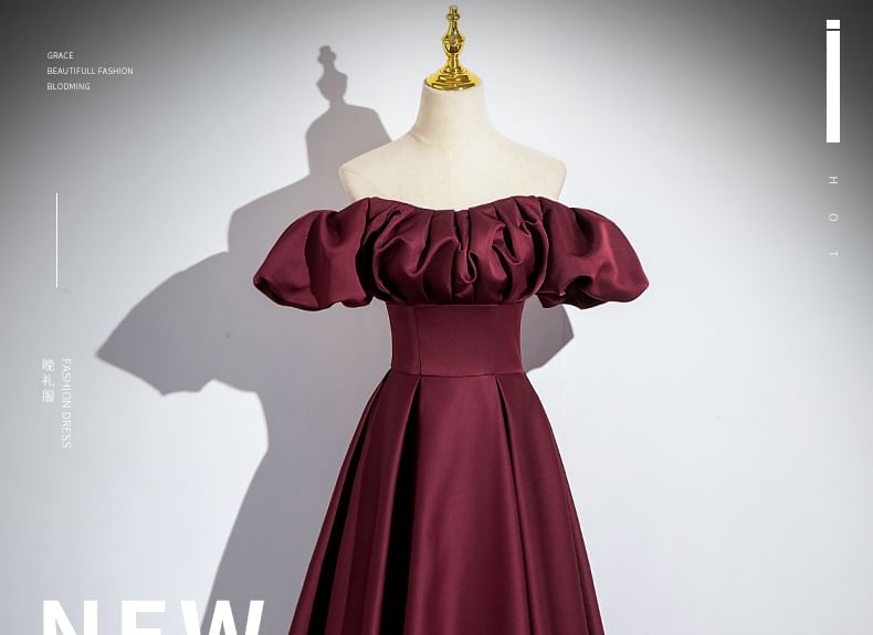 Evening Off-Shoulder Gown Puff-Sleeve Plain