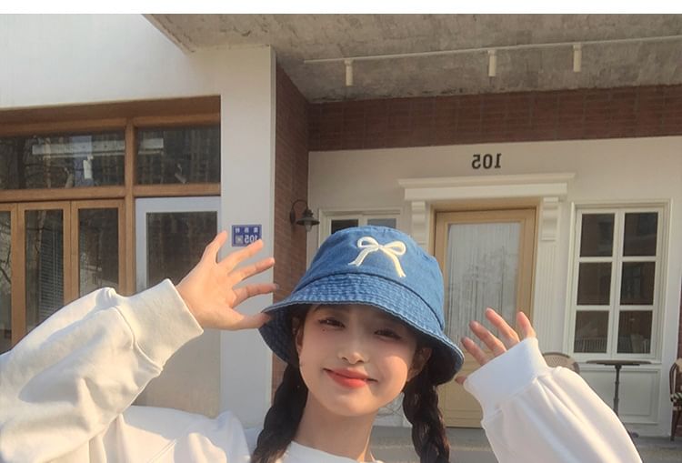 Embroidered Bucket Hat Bow Denim