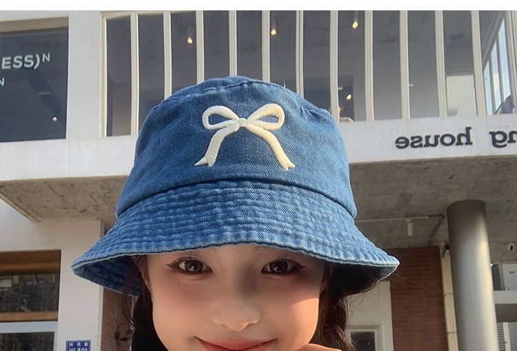 Embroidered Bucket Hat Bow Denim