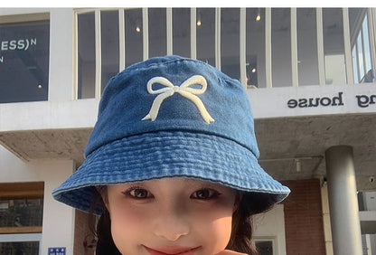 Embroidered Bucket Hat Bow Denim