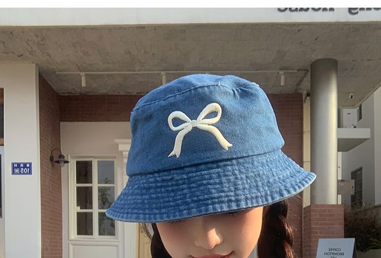 Embroidered Bucket Hat Bow Denim