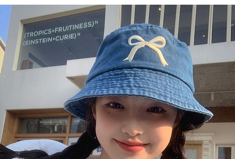 Embroidered Bucket Hat Bow Denim